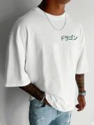 Baskılı Oversize Bisiklet Yaka T-shirt - Beyaz resmi